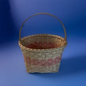 Handwoven Basket- 12"x10"x7.5"-13.5" To Top Of Handle- Natural & Pink Weave
